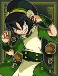  1girl avatar:_the_last_airbender belt black_hair blue_eyes ducky floating_rocks hat short_hair solo toph_bei_fong 