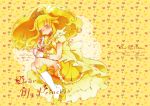  1girl bike_shorts blonde_hair boots choker closed_eyes cure_peace dress halo heart kise_yayoi kuzumochi long_hair lying magical_girl ponytail precure princess_form_(smile_precure!) shorts_under_skirt skirt sleeping smile smile_precure! solo text tiara wand wrist_cuffs yellow_background yellow_dress 