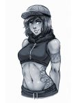  1girl alternate_hair_length alternate_hairstyle arms_behind_back avatar:_the_last_airbender baseball_cap bust crop_top dark_skin earrings greyscale hat hoop_earrings iahfy jewelry korra legend_of_korra lip_piercing midriff monochrome mound_of_venus navel navel_piercing piercing short_hair sketch sleeveless sleeveless_hoodie smile solo tattoo zipper 