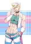  1boy abs alternate_costume blonde_hair bubble bubble_blowing caesar_anthonio_zeppeli facial_mark feathers green_eyes hair_feathers hand_in_pocket hat hosho jojo_no_kimyou_na_bouken midriff muscle ribbon solo striped striped_pants vest 