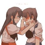  2girls akagi_(kantai_collection) armor brown_eyes brown_hair crying japanese_clothes kaga_(kantai_collection) kantai_collection lowres multiple_girls muneate open_mouth personification ponytail rebecca_(keinelove) side_ponytail tears 