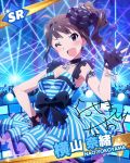  1girl ;d ahoge audience blush brown_hair character_name choker dress fingerless_gloves gloves glowstick hair_ornament idolmaster idolmaster_million_live! jewelry necklace official_art open_mouth pose side_ponytail signature smile stage stage_lights violet_eyes wink yokoyama_nao 