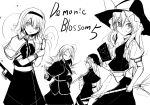  4girls alice_margatroid book broom grimoire hairband hat kirisame_marisa long_hair mima monochrome multiple_girls ne_kuro puppet_strings ribbon shinki short_hair staff sword touhou weapon wings 