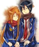  1boy 1girl asuna_(sao) black_hair brown_hair closed_eyes couple getsuyoubi highres kirito long_hair scarf school_uniform shared_scarf short_hair sleeping sword_art_online yuuki_asuna 