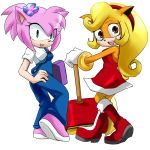  2girls activision amy_rose animal bandicoot blonde_hair coco_bandicoot cosplay costume_switch crash_bandicoot dress flower full_body furry garugirosonicshadow hedgehog looking_at_viewer no_humans playstation sega sonic_the_hedgehog 