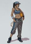  1girl avatar:_the_last_airbender ball baseball_cap basketball blue_eyes brown_hair caleb_thomas cleavage_cutout contemporary crop_top dark_skin hand_in_pocket hat korra legend_of_korra ponytail rolled_pants_legs shoes sneakers solo sports_bra sweatband towel watermark web_address 