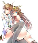  2girls ahoge ass bare_shoulders blue_eyes boots brown_eyes brown_hair detached_sleeves double_bun hair_ornament hairband hiei_(kantai_collection) highres japanese_clothes kantai_collection kongou_(kantai_collection) licking_lips long_hair looking_at_viewer multiple_girls nontraditional_miko open_mouth personification short_hair thigh-highs thigh_boots uko_magi 