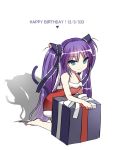  1girl blue_eyes dress gift happy_birthday little_busters!! long_hair nashihako purple_hair sasasegawa_sasami tail twintails 