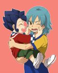  2boys aqua_hair blue_hair closed_eyes inazuma_eleven_(series) inazuma_eleven_go kariya_masaki lowres male multiple_boys open_mouth raimon riho simple_background soccer_uniform tsurugi_kyousuke wink younger 