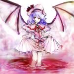  1girl bat_wings blue_hair capelet curtsey hat pool_of_blood red_eyes remilia_scarlet short_hair smile so-ma solo touhou vampire wading wings 
