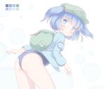  1girl ass back backpack bag blue_eyes blue_hair blush breasts competition_school_swimsuit hair_bobbles hair_ornament hat kawashiro_nitori keshimura_saki looking_back one-piece_swimsuit school_swimsuit short_hair smile solo swimsuit swimsuit_under_clothes touhou twintails 