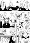  1boy 2girls cake comic drinking_straw flandre_scarlet food fork freckles hands_on_own_cheeks hands_on_own_face hat long_hair mob_cap monochrome multiple_girls ne_kuro patchouli_knowledge short_hair straw touhou translation_request waiter 