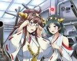  2girls bare_shoulders black_hair blue_eyes blush breasts brown_hair cannon detached_sleeves double_bun glasses glasses_removed green-framed_glasses hair_ornament hairband headgear inoshira japanese_clothes kantai_collection kirishima_(kantai_collection) kongou_(kantai_collection) long_hair multiple_girls nontraditional_miko open_mouth personification short_hair skirt smile turret 