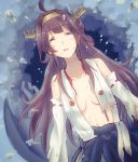  1girl ahoge breasts bubble closed_eyes detached_sleeves double_bun hairband hakama highres japanese_clothes kantai_collection kongou_(kantai_collection) navel solo torn_clothes tsukamoto_minori underwater 