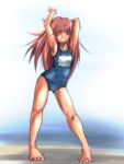  1girl aozora_p armpits arms_up barefoot blue_eyes brown_hair full_body hair_ornament hairclip katou_marika long_hair miniskirt_pirates one-piece_swimsuit school_swimsuit small_breasts solo sweat swimsuit tan wink 