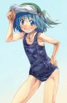  1girl bare_shoulders blue_eyes blue_hair blue_swimsuit flat_chest hair_bobbles hair_ornament hand_on_hip hat kawashiro_nitori looking_at_viewer one-piece_swimsuit open_mouth smile solo swimsuit touhou two_side_up yohane 