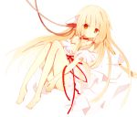  1girl bare_legs barefoot blonde_hair cable chii chobits choker dress full_body long_hair long_legs nayu_(rhododendron) robot_ears shoulderless_dress solo white_background white_dress yellow_eyes 