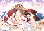  1girl arm_support bare_shoulders breast_rest breasts brown_hair cake cup detached_sleeves food hair_ornament hairband headgear japanese_clothes kantai_collection kongou_(kantai_collection) long_hair lying on_stomach personification sandwich scone skirt solo tamiya_akito tea teacup thigh-highs 