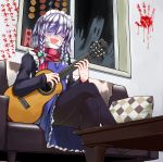  1boy alternate_costume black_legwear blood blood_stain braid character_name closed_eyes cosplay couch crossed_legs ghost guitar hair_ribbon hand_print highres instrument iwanori izayoi_sakuya izayoi_sakuya_(cosplay) long_sleeves maid_headdress open_mouth pale_face pantyhose pillow playing_instrument red_scarf ribbon scarf short_hair silver_hair sitting smile solo surgical_mask sweat table touhou translated tsukigi_(cosplayer) twin_braids when_you_see_it window 