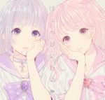  2girls blue_eyes blue_hair choker cross gem hand_on_own_cheek long_hair looking_at_viewer mosuko multiple_girls original pink_eyes pink_hair school_uniform short_hair short_twintails tagme twintails 