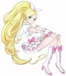  1girl blonde_hair boots bow choker cure_rhythm frills green_eyes heart jewelry looking_at_viewer magical_girl mikurou_(nayuta) minamino_kanade precure smile solo suite_precure thigh-highs twintails 