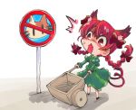  /\/\/\ 1girl bow braid cape cat cat_tail chibi commentary_request dress green_hair hair_bow juliet_sleeves kaenbyou_rin long_sleeves multiple_tails no_parking_sign open_mouth puffy_sleeves red_dress red_eyes road_sign shinapuu sign solo surprised sweat tail touhou twin_braids wheelbarrow |_| 