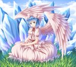  1girl angel_wings blue_eyes blue_hair blue_sky bow clouds dress grass hair_bow hair_ribbon ice mai_(touhou) ribbon short_hair sky smile touhou touhou_(pc-98) villyane wings 