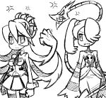  2girls anger_vein bare_shoulders clenched_hand clenched_hands detached_sleeves eye_contact fangs filia_(skullgirls) frown gias-ex-machella hair_over_one_eye horns leviathan_(skullgirls) looking_at_another midriff monochrome multiple_girls navel necktie pleated_skirt samson_(skullgirls) sharp_teeth side_ponytail sienna_contiello skirt skullgirls striped thighhighs twintails zettai_ryouiki 
