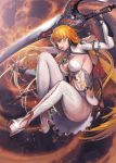  blade blade_&amp;_soul breasts earrings fire high_heels highres jewelry large_breasts light_smile lips long_hair orange_eyes orange_hair sideboob sword thigh-highs thighs very_long_hair weapon white_legwear 