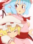  2girls bat_wings blonde_hair blue_hair closed_eyes dress flandre_scarlet hat hat_ribbon mantarou_(shiawase_no_aoi_tori) mob_cap multiple_girls open_mouth pink_dress pink_eyes pointy_ears puffy_sleeves red_dress remilia_scarlet ribbon sash shirt short_sleeves siblings simple_background sisters smile tackle touhou wavy_mouth white_background wings 