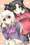  2girls ascot black_hair fate/stay_night fate_(series) green_eyes highres illyasviel_von_einzbern kiminitokimeki long_hair multiple_girls red_eyes tohsaka_rin toosaka_rin two_side_up white_hair 