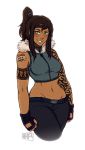  1girl avatar:_the_last_airbender blue_eyes breasts brown_hair contemporary cropped_legs dark_skin fingerless_gloves fur_collar gloves hair_tubes iahfy korra legend_of_korra long_hair midriff navel pants sleeveless slender_waist smile solo tattoo topknot 