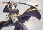  1boy 369minmin blue_eyes brown_hair cherry_blossoms cowboy_shot heshikiri_hasebe katana male_focus short_hair solo sword touken_ranbu weapon 