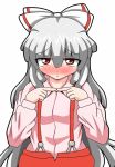  1girl blush bow dress_shirt fingers_together frown fujiwara_no_mokou full-face_blush hair_bow long_hair long_sleeves looking_at_viewer makko red_eyes shirt silver_hair simple_background solo suspenders touhou very_long_hair white_background 