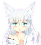  1girl animal_ears aqua_eyes bare_shoulders blush checkered checkered_background finger_in_mouth fox_ears fox_tail gradient gradient_background open_clothes original pink_background sui-95 tail white_background 