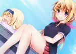  2girls blonde_hair cecilia_alcott charlotte_dunois closed_eyes hair_ribbon hairband infinite_stratos long_hair looking_at_viewer lying multiple_girls open_mouth ponytail ribbon sitting smile suitenjh violet_eyes 