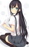 1girl asashio_(kantai_collection) black_hair black_legwear blue_eyes blush kantai_collection long_hair looking_at_viewer looking_back personification popsicle sitting skirt solo thigh-highs wariza 