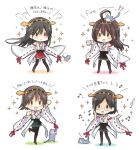  4girls :t ahoge akitsuki_ria animal_on_head black_hair brown_hair cat cat_on_head chibi cup detached_sleeves glasses hair_ornament hairband hairclip hands_on_hips haruna_(kantai_collection) hiei_(kantai_collection) japanese_clothes kantai_collection kirishima_(kantai_collection) kongou_(kantai_collection) multiple_girls musical_note nontraditional_miko open_mouth personification siblings singing sisters sleeping sparkle teacup thigh-highs wide_sleeves 