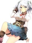 1girl adjusting_hair black_gloves blue_eyes blush breasts ciel_alencon corset fingerless_gloves frilled_skirt frills gloves god_eater god_eater_2 hair_ribbon looking_at_viewer ribbon shadow short_twintails silver_hair simple_background skirt smile solo thigh_strap twintails van-s white_background 