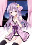  1girl babydoll bare_arms bare_shoulders black_legwear blush breasts cleavage collarbone crescent curtains hair_ornament hair_ribbon hand_on_own_chest long_hair looking_at_viewer midriff navel night panties patchouli_knowledge purin_jiisan purple_hair purple_panties ribbon sitting sky solo star_(sky) starry_sky striped striped_panties tears thighhighs touhou tress_ribbon underwear very_long_hair window 
