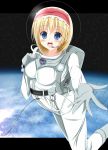  1girl alice_margatroid blonde_hair blue_eyes highres outstretched_hand short_hair solo space spacesuit tachihaya_hiro touhou 