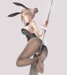  1girl :q animal_ears ass between_legs breasts brown_eyes brown_hair bunny_tail bunnysuit collar fishnet_pantyhose fishnets hair_bun hand_between_legs highres leotard nail_polish original pantyhose pole rabbit_ears rokusai sideboob solo tail tongue wrist_cuffs 