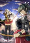  2girls black_hair blue_sky blush boots bow_(weapon) brown_hair clouds forest grey_hair hair_ribbon hairband island japanese_clothes kantai_collection long_hair miyoshi_(triple_luck) multiple_girls muneate nature ocean personification ribbon sabaton shoukaku_(kantai_collection) silver_hair skirt sky smile sun sunlight thigh_boots thighhighs tree twintails weapon zuikaku_(kantai_collection) 