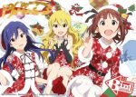  :d ahoge amami_haruka artist_request blonde_hair blue_hair brown_eyes candy_cane christmas detached_collar double_v dress elbow_gloves fingerless_gloves fur_trim gloves green_eyes hair_ornament hair_ribbon hat hoshii_miki idolmaster kisaragi_chihaya long_hair looking_at_viewer open_mouth red_dress red_eyes red_gloves redhead ribbon santa_hat smile v white_background white_legwear wreath 