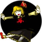  1girl ascot black_skirt blonde_hair bobby_socks closed_eyes fading hair_ribbon justin_hsu leaning_forward long_sleeves mary_janes outside_border outstretched_arms palms red_shoes ribbon round_image rumia rumia_(darkness) shoes short_hair simple_background skirt socks solo touhou 