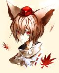  1girl animal_ears autumn_leaves bust hat inubashiri_momiji kozou_(soumuden) looking_at_viewer portrait red_eyes silver_hair solo tokin_hat touhou turtleneck wolf_ears 