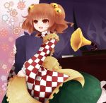  1girl apron arano_oki bell checkered_clothing hair_bell hair_ornament holding japanese_clothes motoori_kosuzu red_eyes redhead solo touhou twintails 