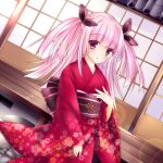  1girl blush japanese_clothes kimono long_hair looking_at_viewer original pink_eyes pink_hair solo sorai_shin&#039;ya 