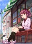  1girl awning beidan bench blush candy eating hair_ribbon heart lollipop original polka_dot power_lines purple_hair ribbon shoes short_twintails sitting skirt sky sneakers socks solo storefront twintails vending_machine yellow_eyes 