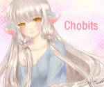  0___515_(lin_515) 1girl 2013 brown_eyes chii chobits copyright_name dated empty_eyes long_hair off_shoulder pink_background polka_dot polka_dot_background robot_ears signature silver_hair solo yellow_eyes 